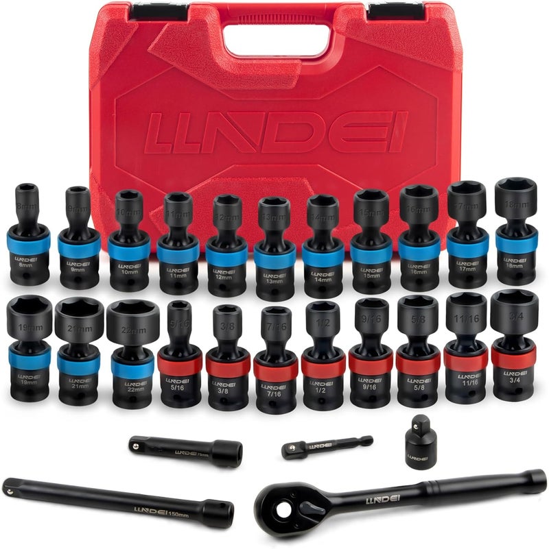 LLNDEI 27Pcs 3/8" Drive Swivel Impact Socket Set, CR-MO Swivel Socket Set Metric(8-22mm)& SAE(5/16-3/4),6 Point Wobble Socket Set with Ratchet Wrench, Extension Bar and Adapters. - Image 1